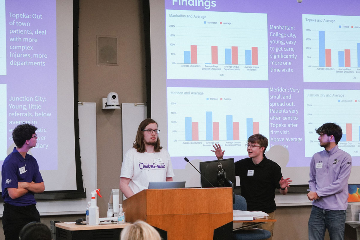 Four students stand in front of a presentation with red and blue analytics on a purple background