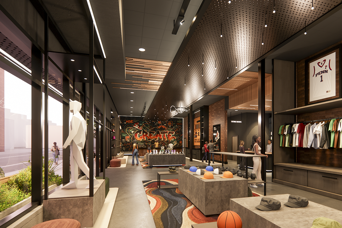 A rendering shows a nicely lit interior of an urban clothing store.