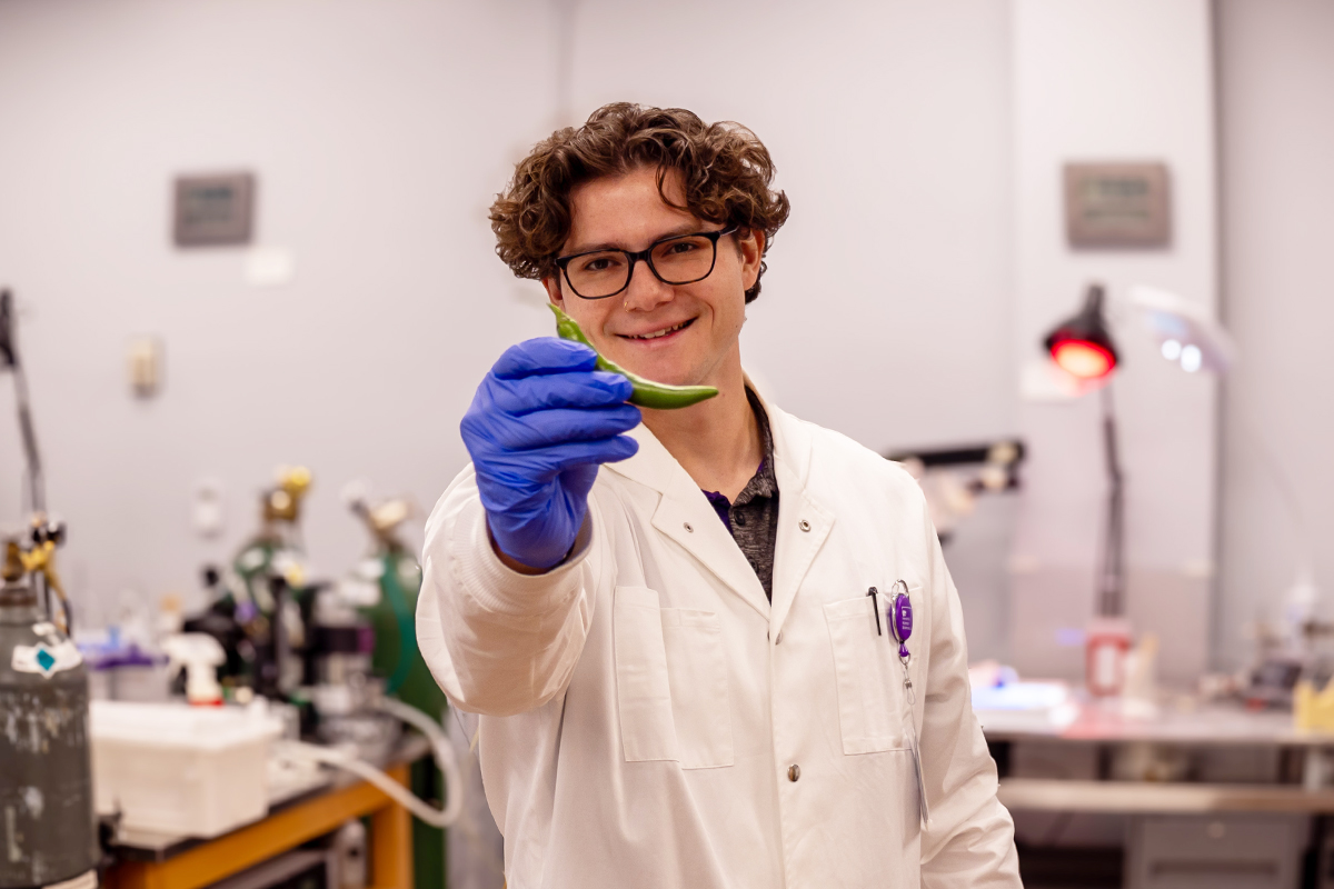 A graduate student in a white lab coat holds a green pepper up for the camera.