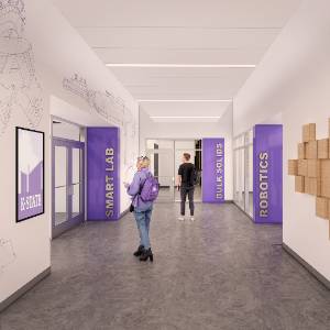 A renderinig shows students walking down a center's hallways.