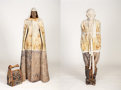 Two images: one of a statement cloak that can be worn by the living and a second photo showing the same cloak transitioned for use in burial