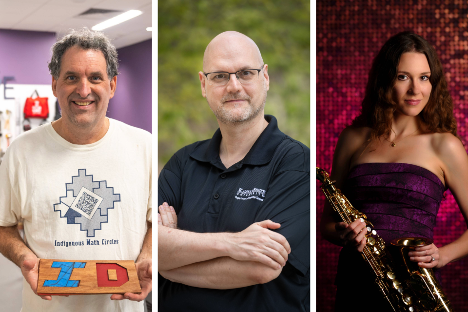 A collage of three photos of award-winning faculty members. On the left, a man in a white T-shirt holds a wooden block with red and blue letters. In the middle, a bald man in a black polo folds his arms and looks at the camera. On the left, a woman in a purple dress holds a saxophone against a sparkly pink background