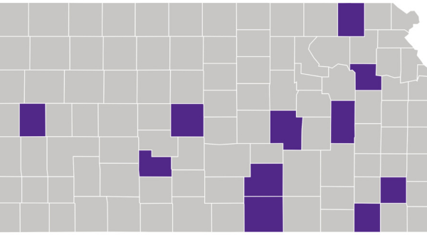 A map of K-State with awarded counties shaded in purple.