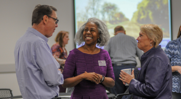 Three colleagues speaking.