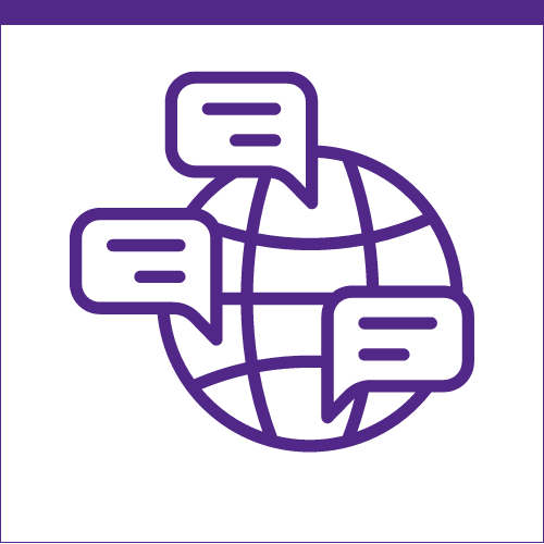 Purple icon depicting a globe with speech bubbles