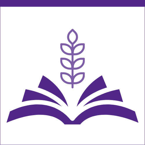 Purple icon depicting a book with a plant growing from it