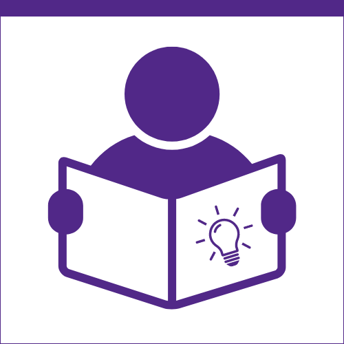 purple icon showing a person with a book