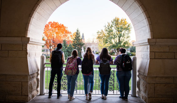 Students with their backs to the camera look out at campus.