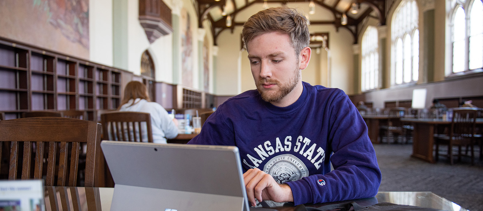 Student working on a laptop in the library