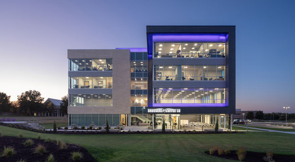 This image shows a building at sunset.
