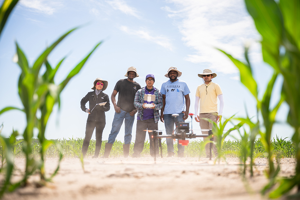 A team of researchers in a field with greenery collecting data with a drone