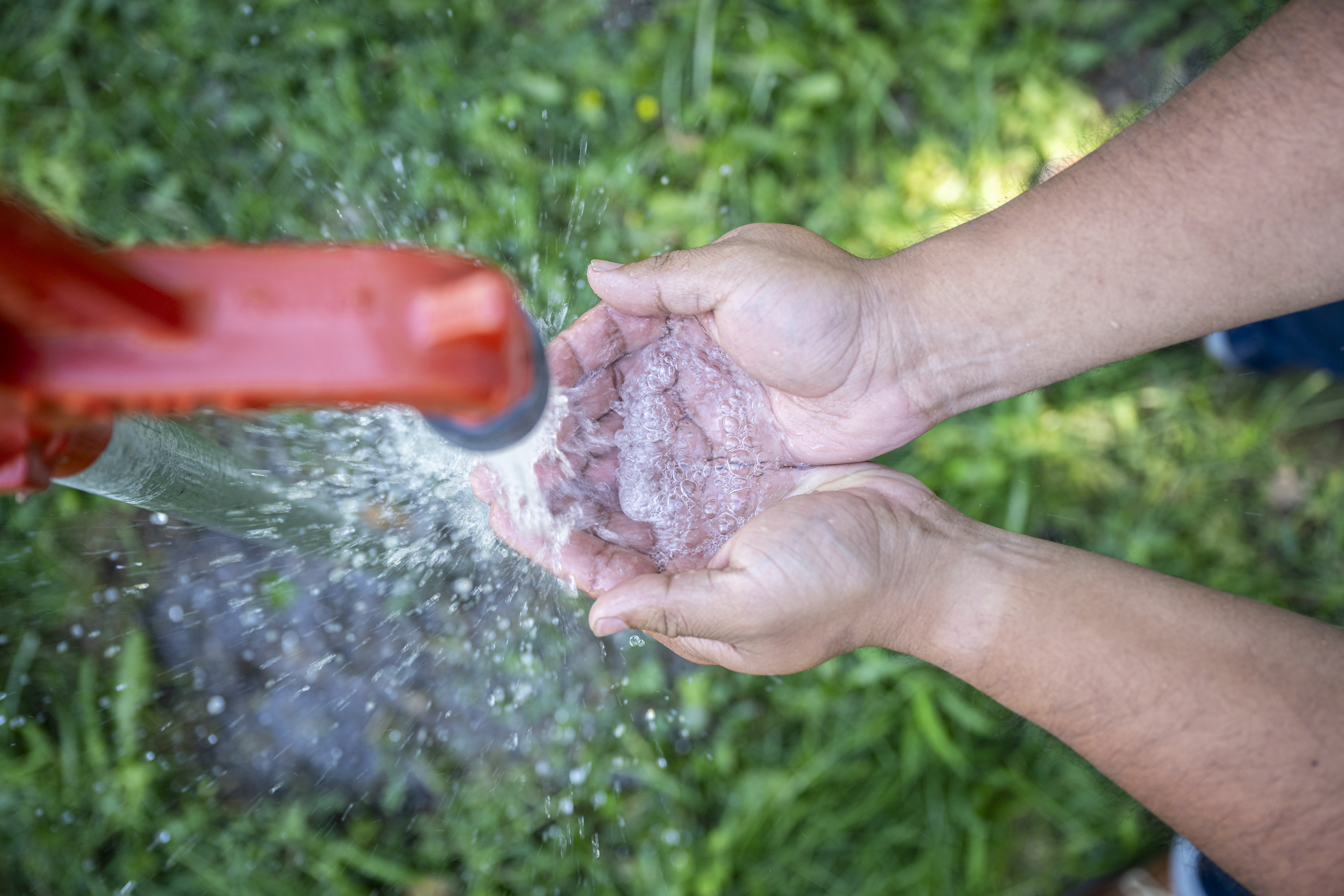 Hands catching a stream of water from a spigot.