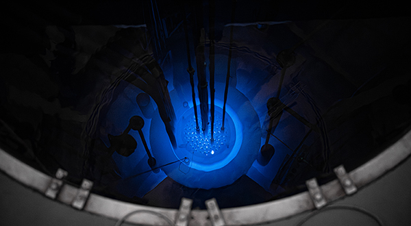 A nuclear reactor glows blue