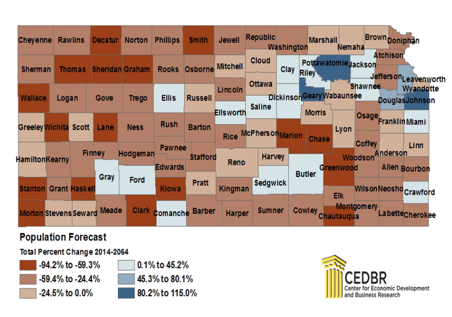 map of rural KS depopulation projections