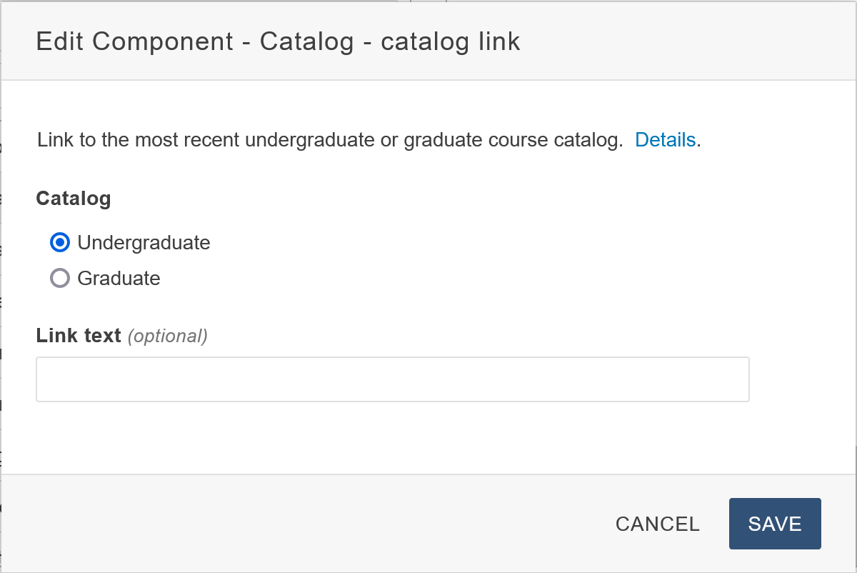 Component's input form showing two fields: Catalog and link text