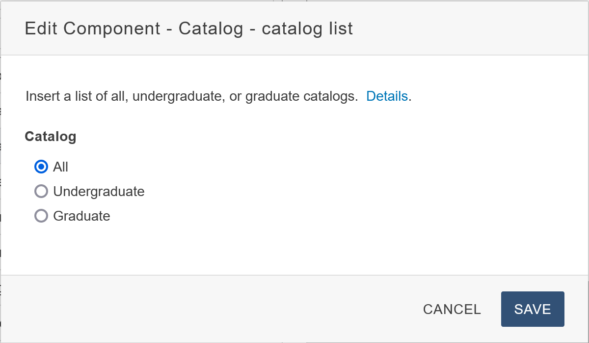 Component's input form showing two fields: Catalog and link text