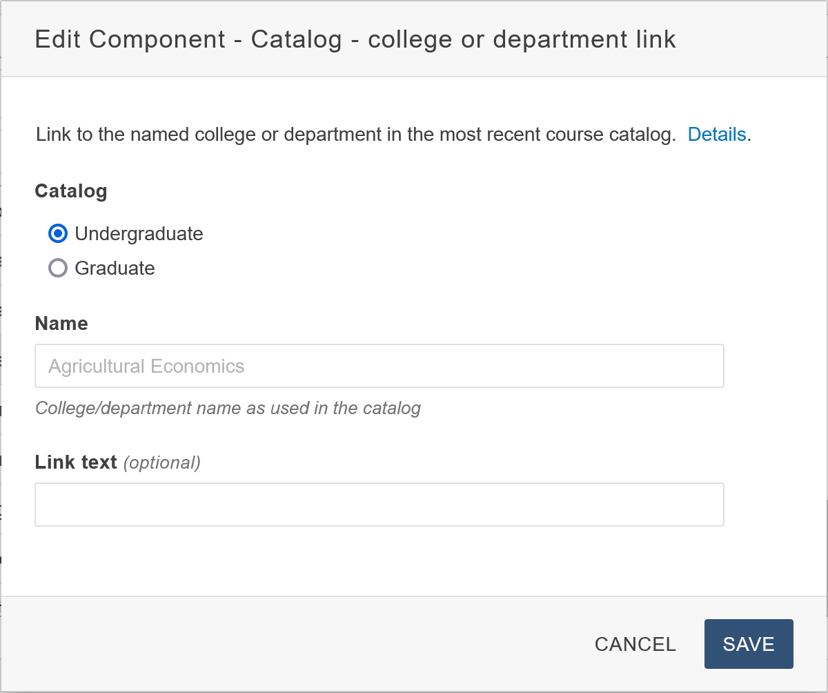 Component's input form showing three fields: Catalog, college/department name, and link text