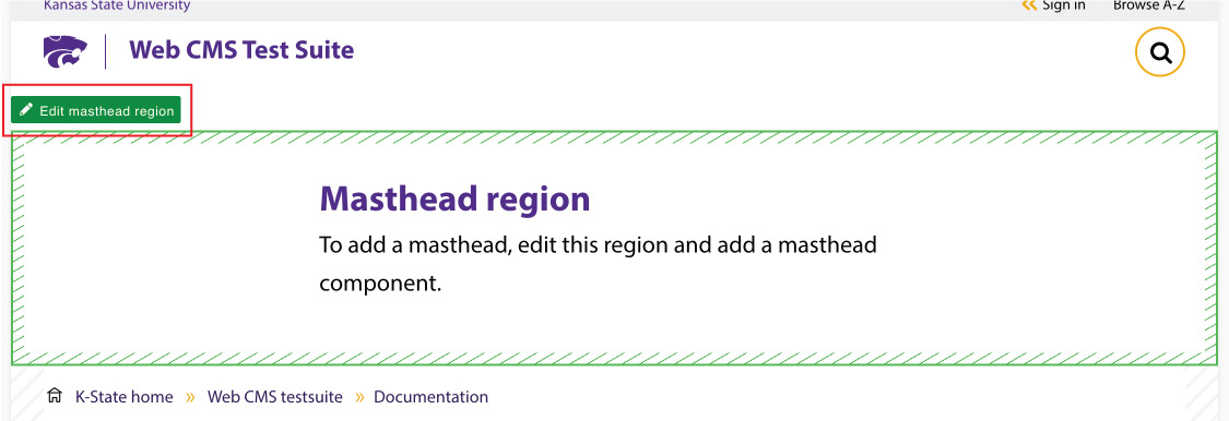 Edit masthead region button highlighted at top left of page