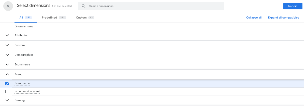 Select dimensions window in google analytics exploration