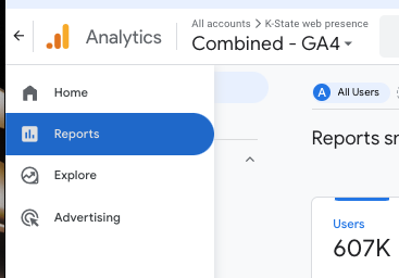 List of tabs in Google Analytics with Reports highlighted