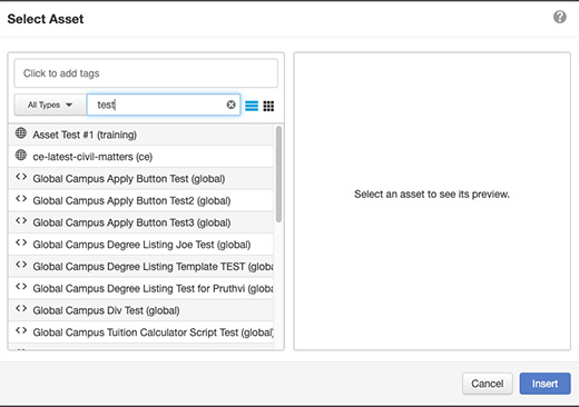 Double click asset name or click Select Asset in lower left of dialog box